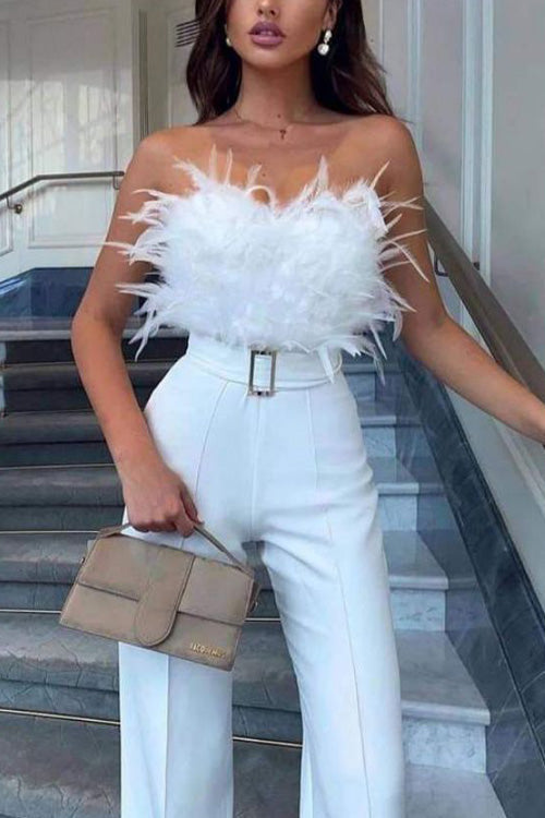 Feather Sexy Off Shoulder Sleeveless Slim Jumpsuit
