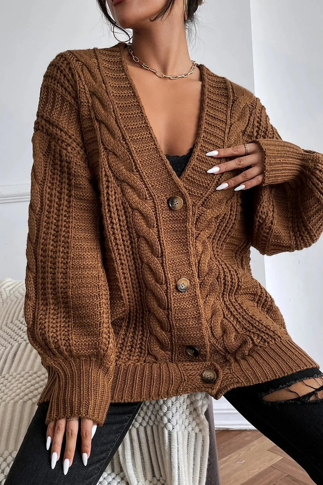Rhonda - Hearthside Cable Knit Slouch Cardigan