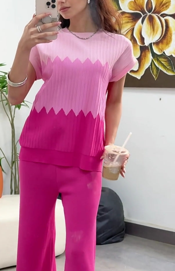 Contrast color crew neck sweater wide leg pants suit