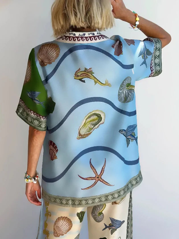 Unique Deep Sea Floral Print Loose Shirt and Pants Set