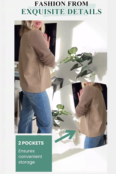 Women's Lapel Button Knitted Sleeve Casual Coat with Two Side Pockets