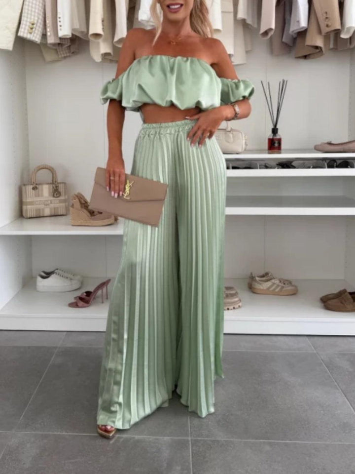 Solid color tube top pleated trousers suit