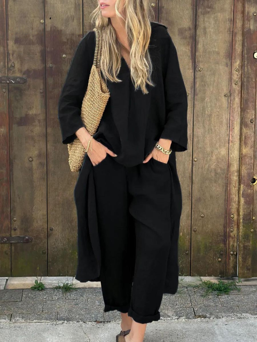 Linen Irregular Loose V-neck Top and High-Waisted Pocket Wide-leg Pants Set