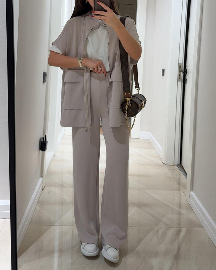 Casual Waist Stretch Detail Top & Pants Two-Piece Set