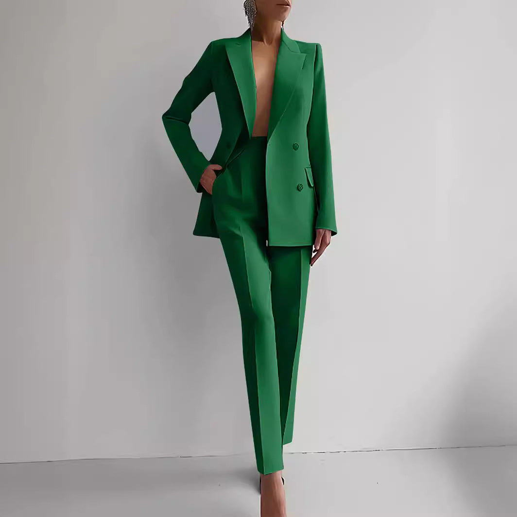 Casual Commuting Solid Color Blazer & High Waist Pants Set