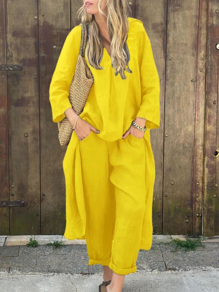 Linen Irregular Loose V-neck Top and High-Waisted Pocket Wide-leg Pants Set