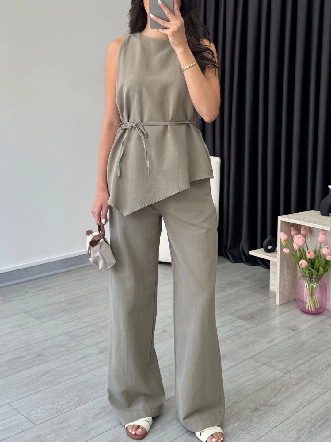 Asymmetric lace-up trouser suit