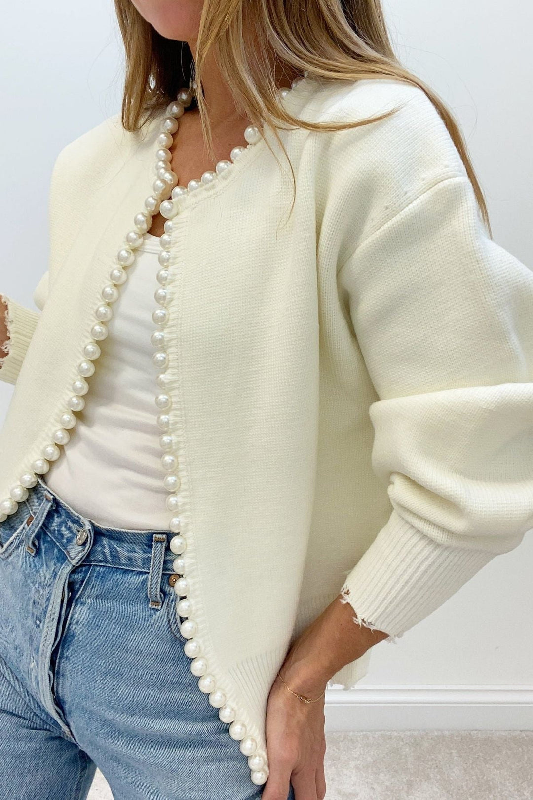 Pearl Trim Ripped Hem Cardigan