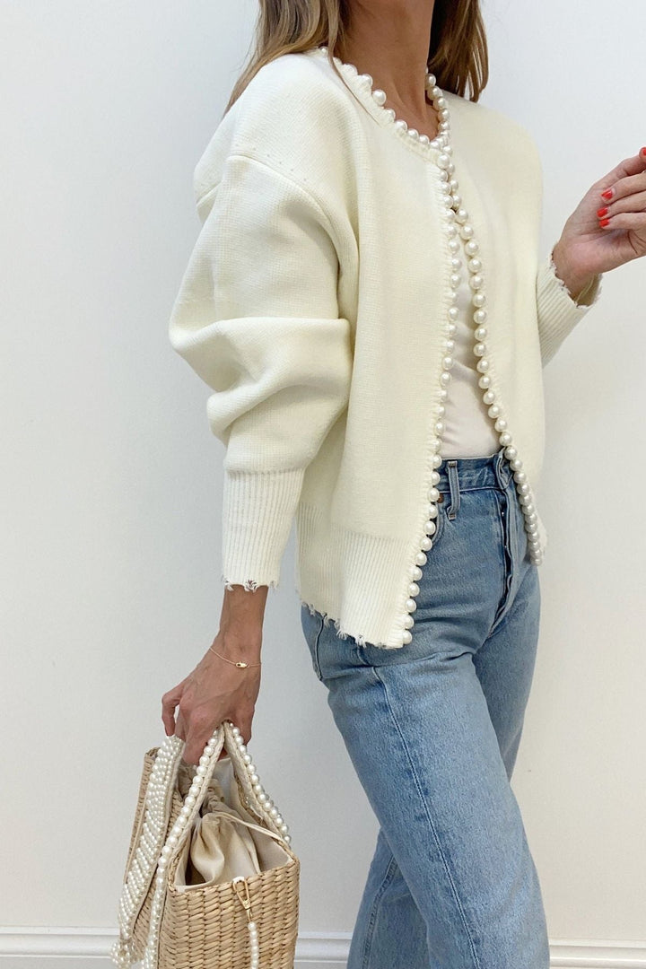 Pearl Trim Ripped Hem Cardigan