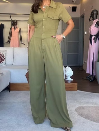 Lapel Short Sleeve Button Jumpsuit