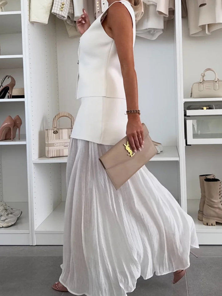 Knitted vest tulle patchwork pleated long skirt suit