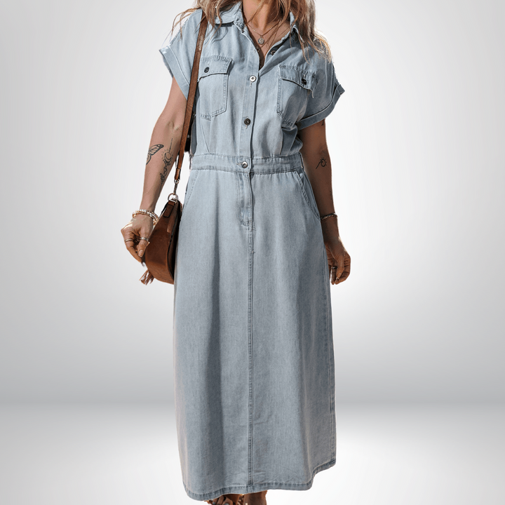 Sofia® | Elegant Denim Dress with Short Batwing Sleeves