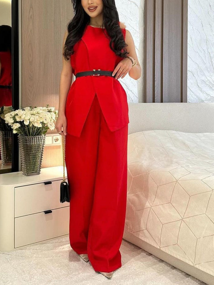 Round neck sleeveless top and wide-leg pants suit