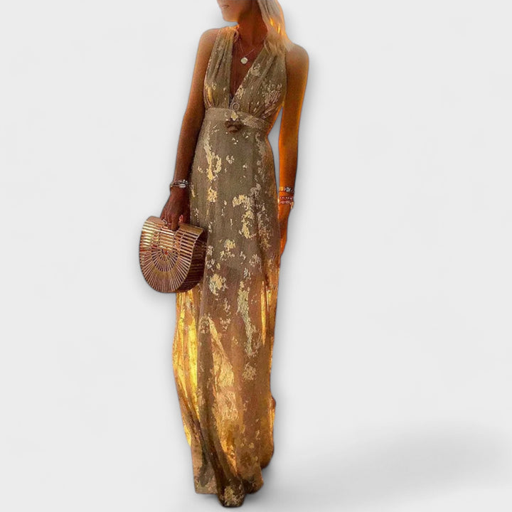 Flowing Dress with V-Neck and Sequin Details