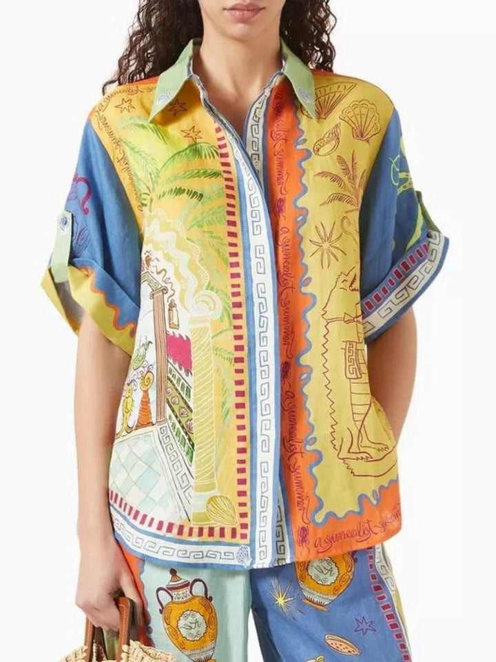 Summer Fantasy Print Short Sleeve Loose Top and Pants Set