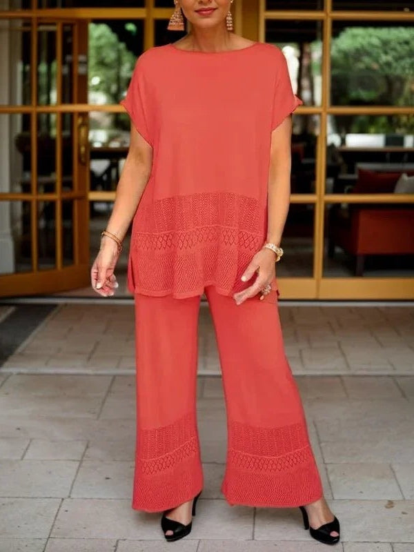 Hollow Crew Neck Short-sleeved Top and Wide-leg Pants Set