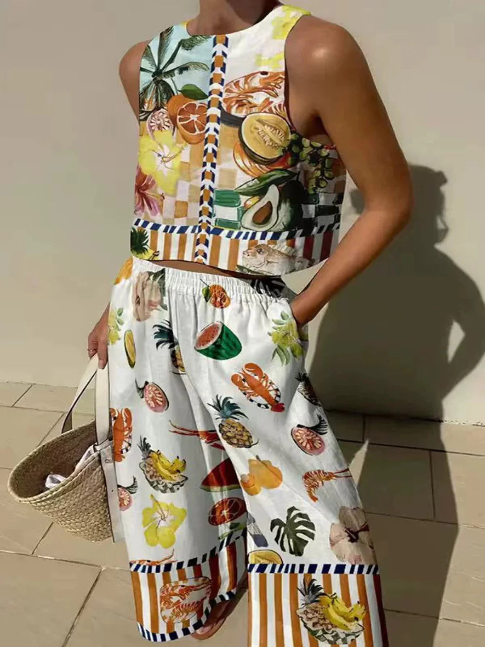 Unique Print Tank And Elastic Waist Pocketed Pants Set