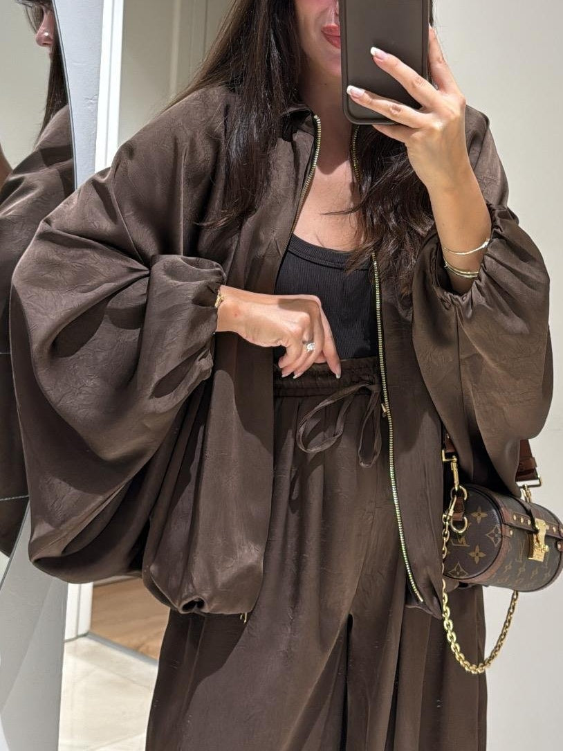 Brown Jacket + Drawstring Pants Casual Two-piece Suit