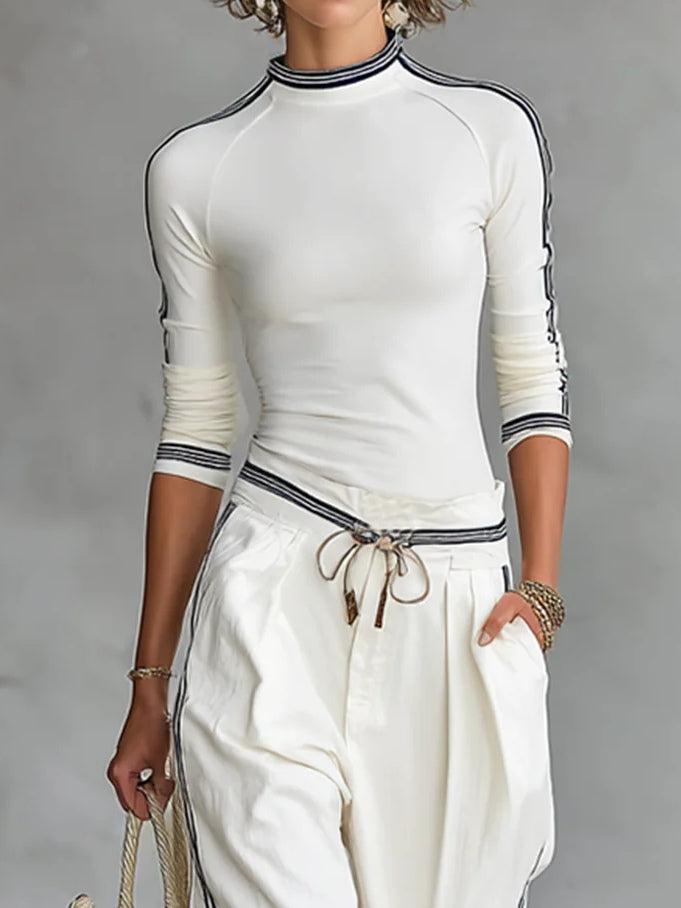 Half Turtleneck Long-sleeved T-shirt Drawstring Wide-leg Pants Two-piece Set