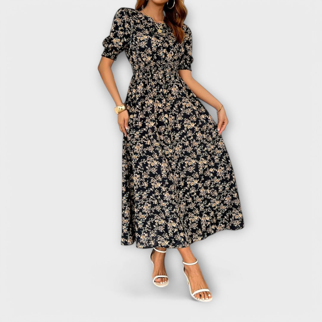 Dress with Round Neck and Floral Pattern