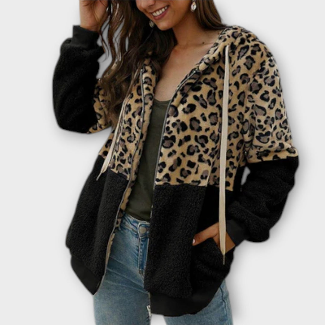 Fleece hoodie with leopard design