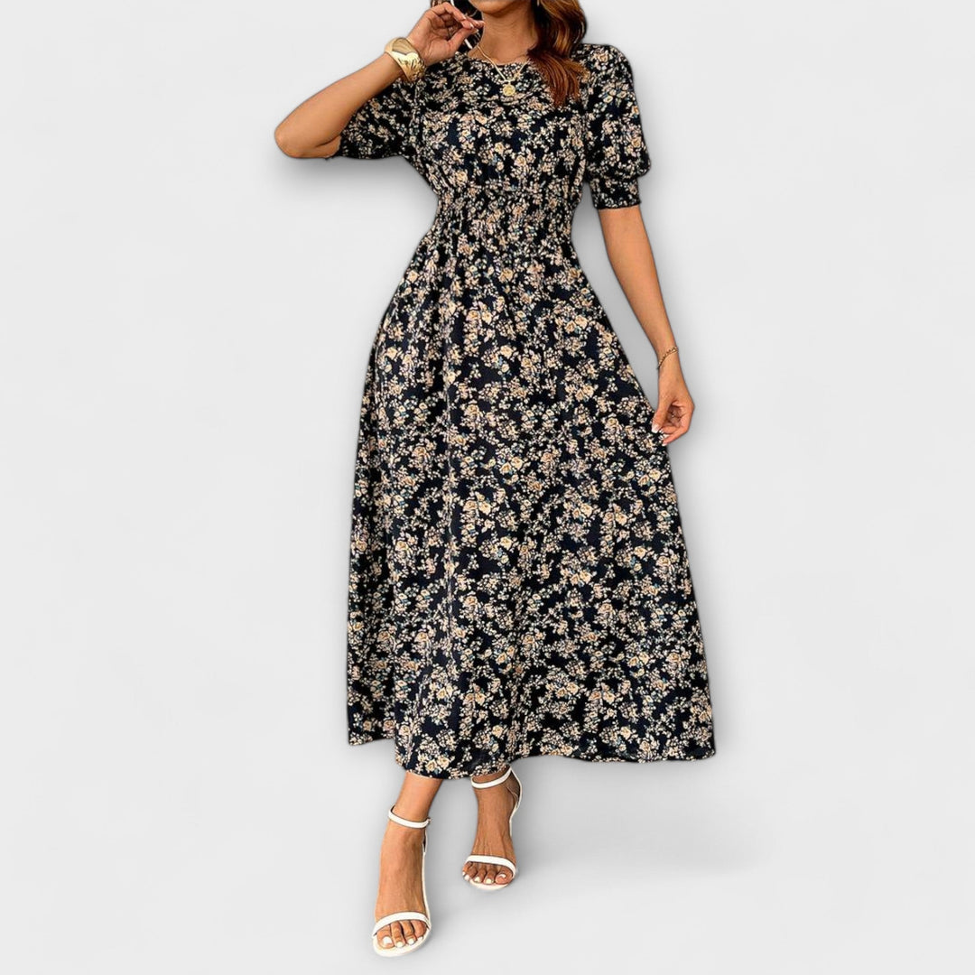 Dress with Round Neck and Floral Pattern