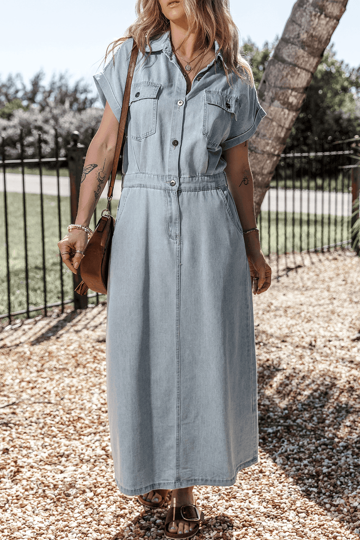 Sofia® | Elegant Denim Dress with Short Batwing Sleeves