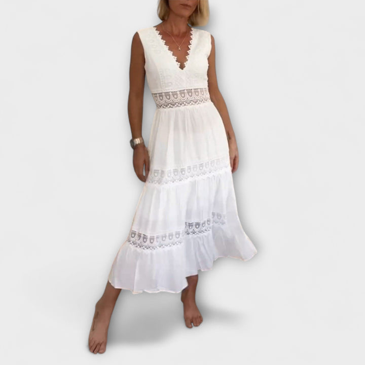 Ninfea - Sleeveless Midi Dress in Boho Style with Lace Details
