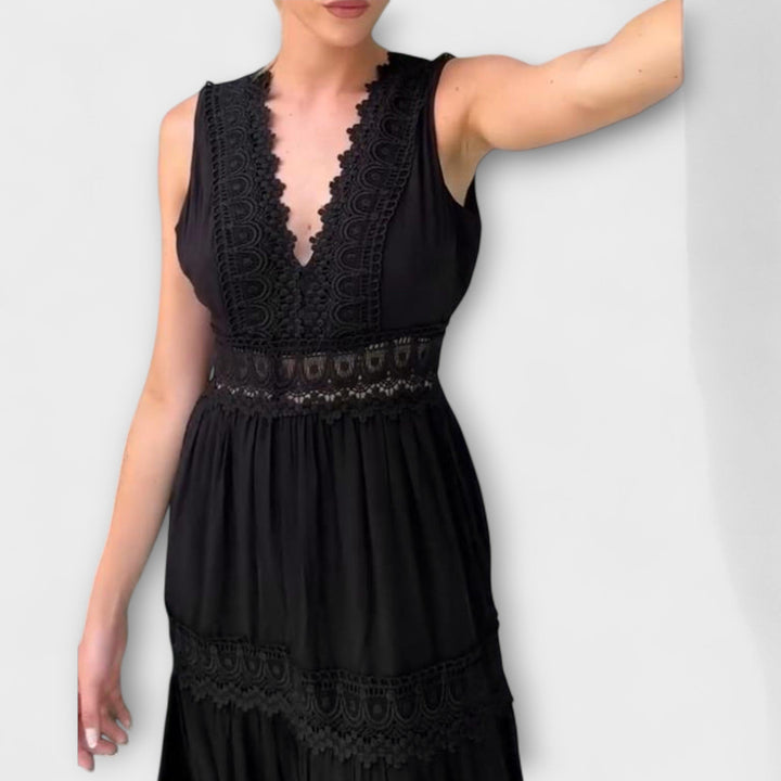 Ninfea - Sleeveless Midi Dress in Boho Style with Lace Details
