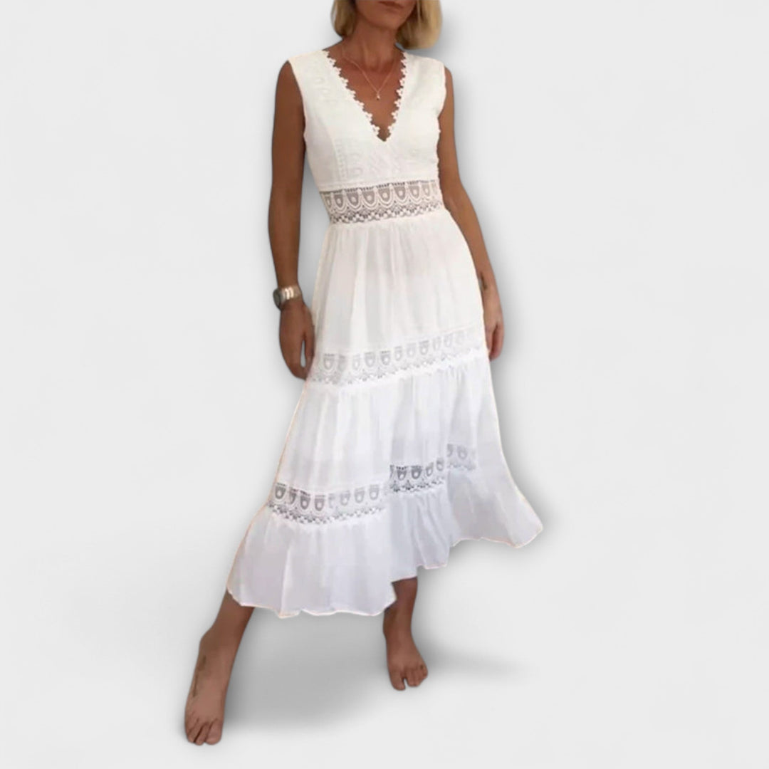 Ninfea - Sleeveless Midi Dress in Boho Style with Lace Details