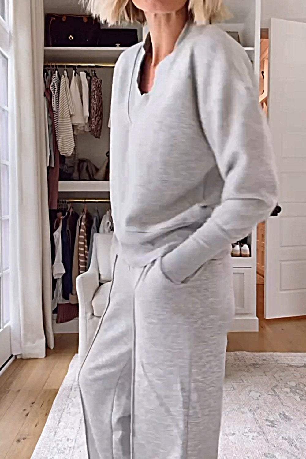 Solid Color V-neck Top & Pants Two-piece Set