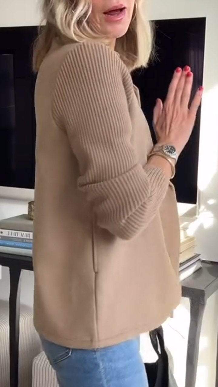 Women's Lapel Button Knitted Sleeve Casual Coat with Two Side Pockets