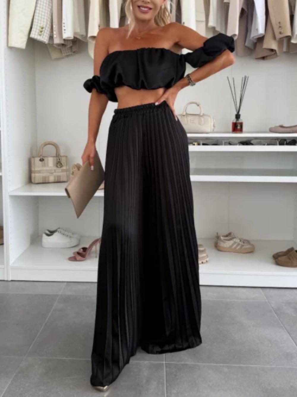 Solid color tube top pleated trousers suit