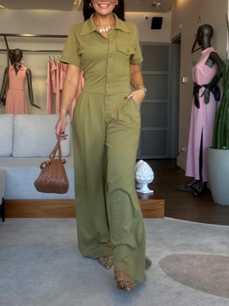 Lapel Short Sleeve Button Jumpsuit