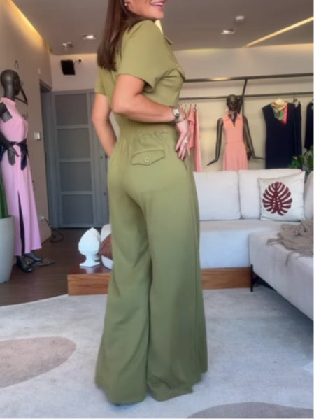 Lapel Short Sleeve Button Jumpsuit